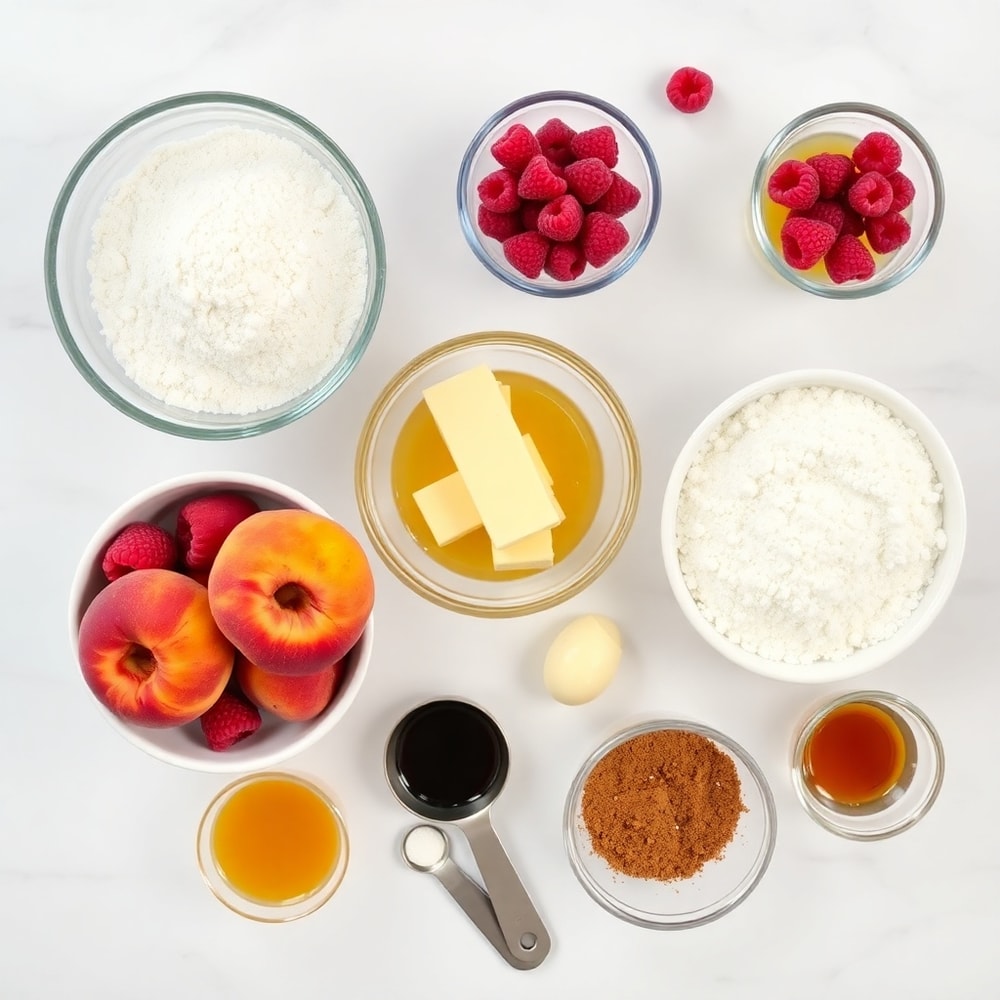 Raw ingredients for Peach Raspberry Crumb Bars on a marble surface