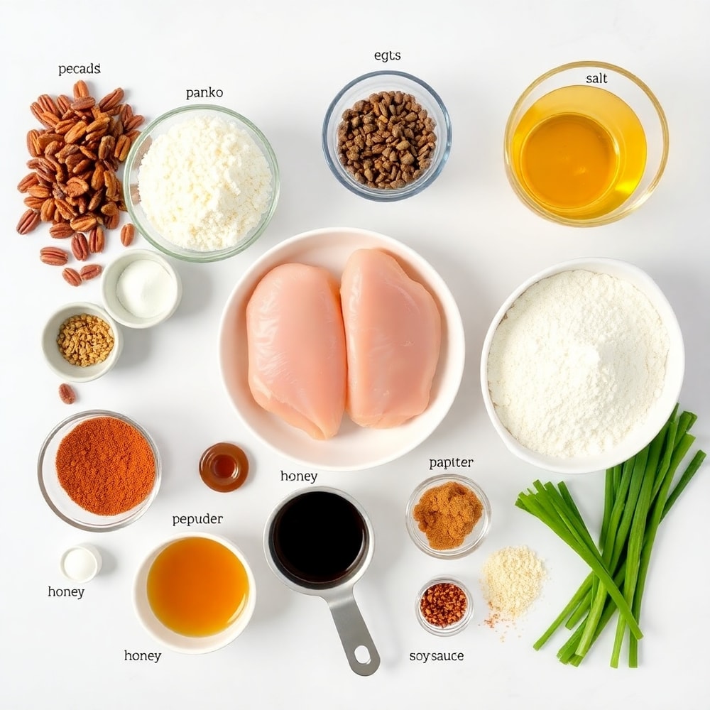 Raw ingredients for Pecan Crunch Glazed Bites arranged on a white marble surface