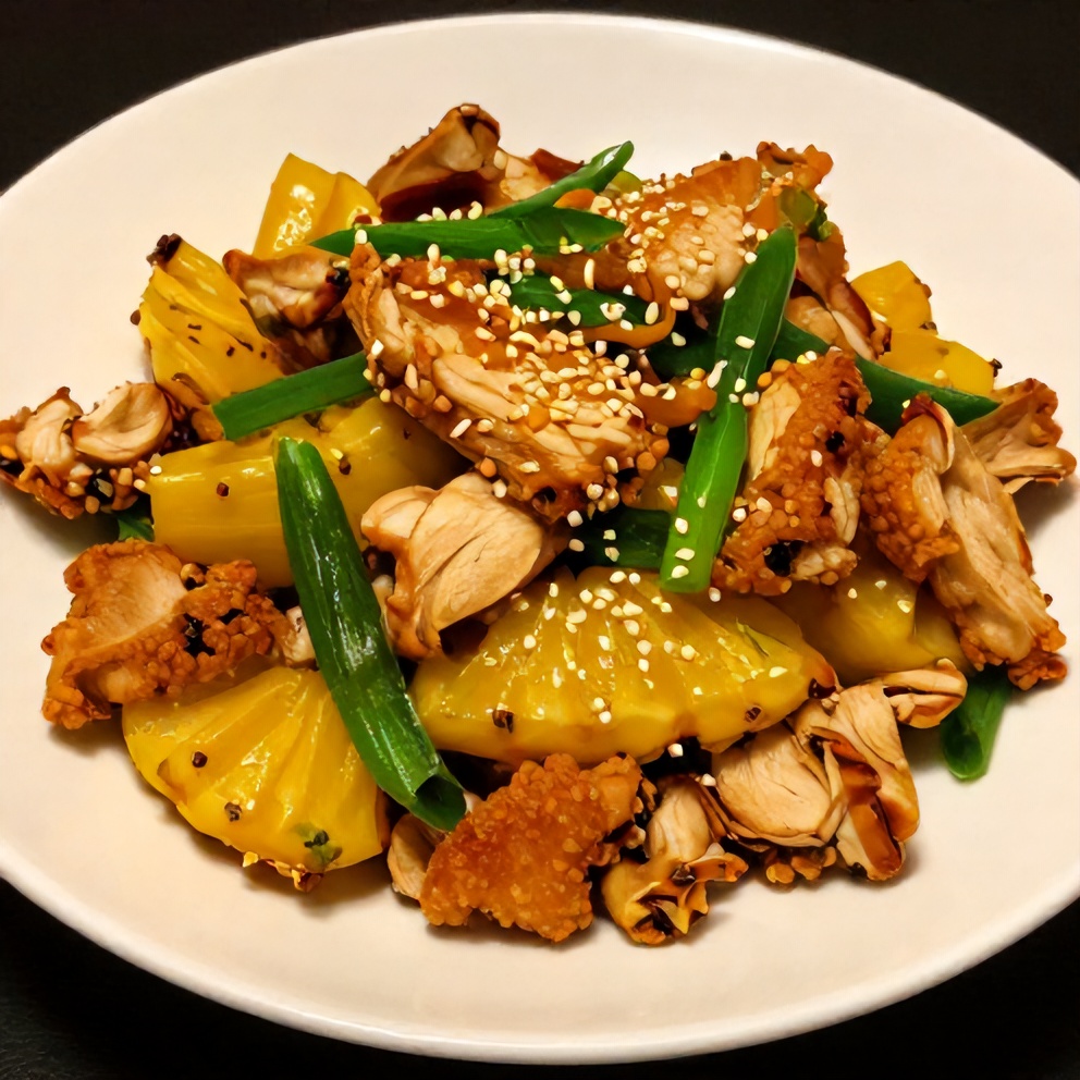 Pineapple Chicken Stir Fry plated on a white plate