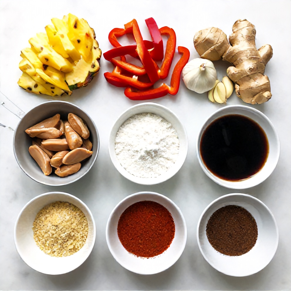 Raw ingredients for Pineapple Chicken Stir Fry on a white marble surface