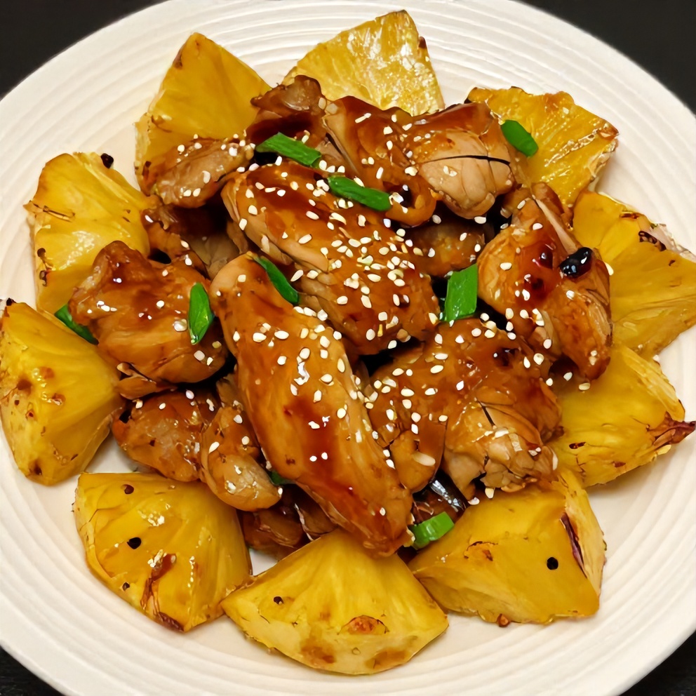 Pineapple Teriyaki Chicken plated with garnish