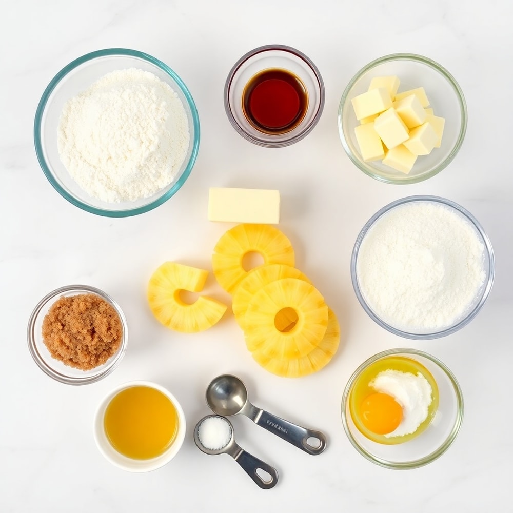 Raw ingredients for Pineapple Upside Down Sugar Cookies on a marble surface