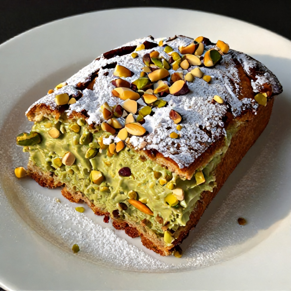 Pistachio Pudding Bread sliced and served on a plate