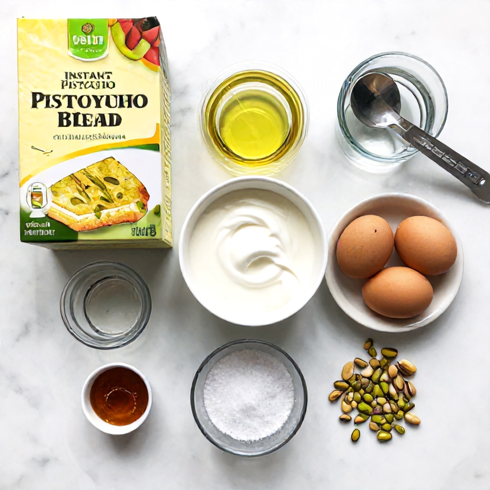 Raw ingredients for Pistachio Pudding Bread on a marble surface