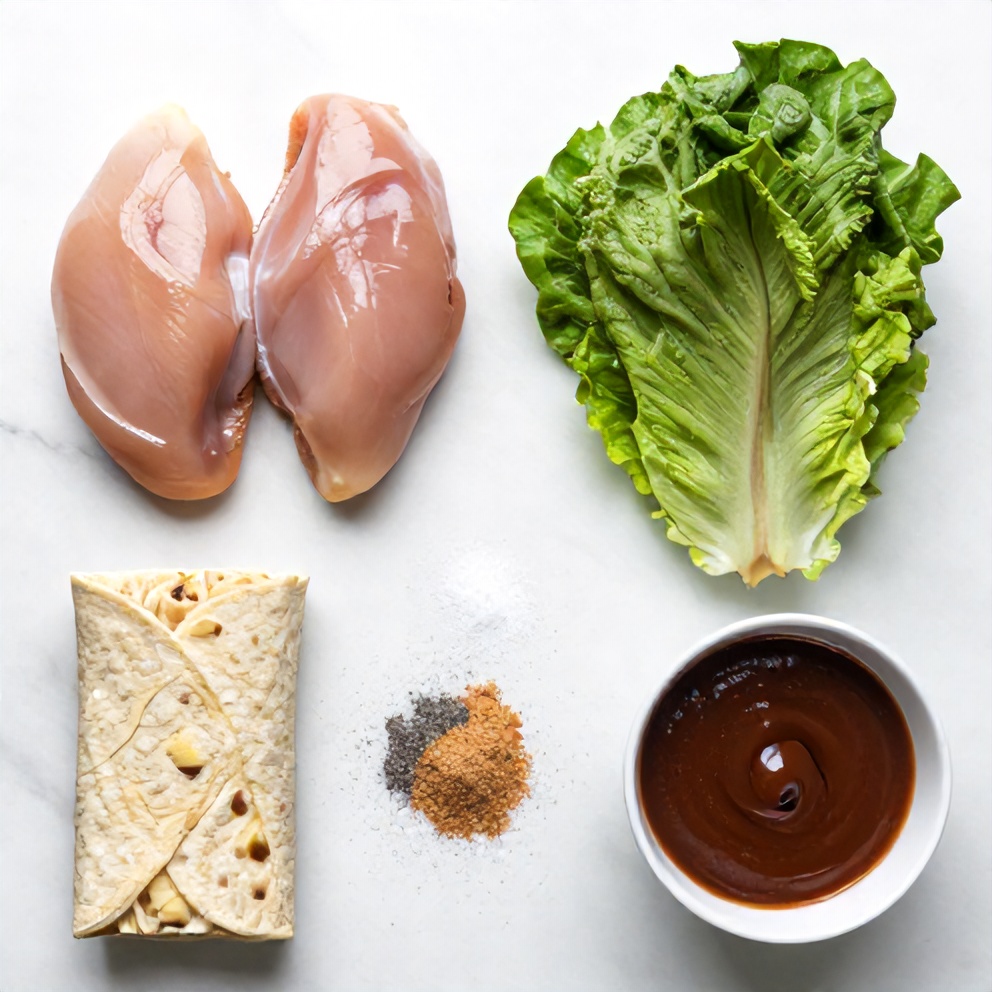 BBQ Chicken Wrap ingredients on a marble counter