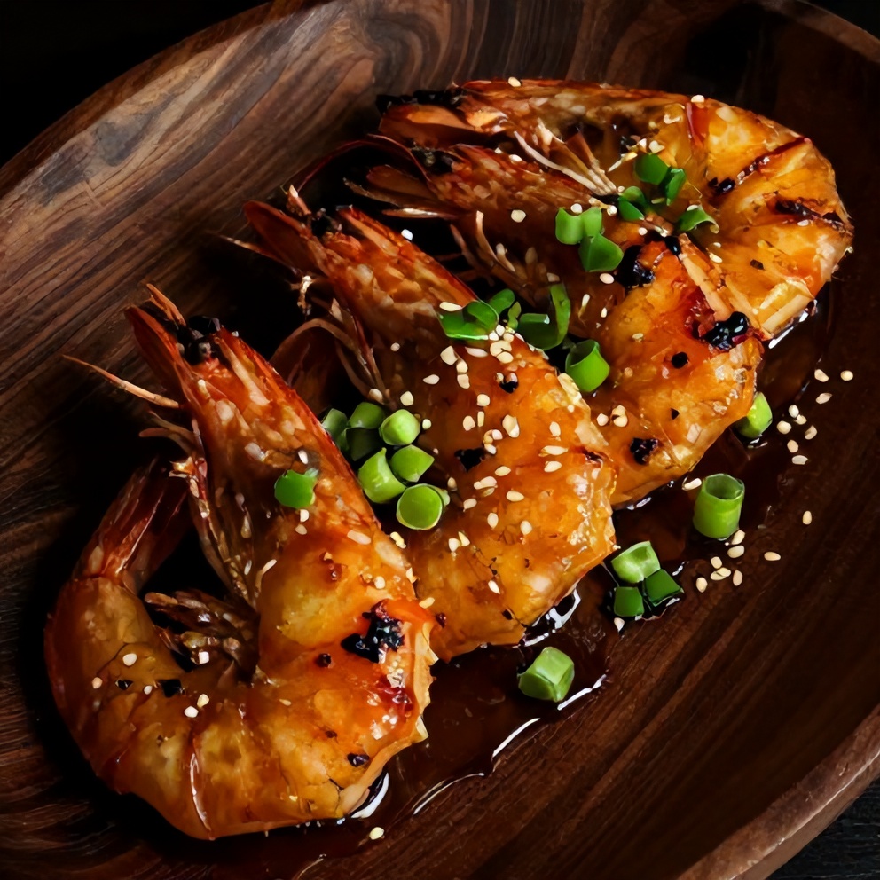 Plated honey garlic grilled shrimp