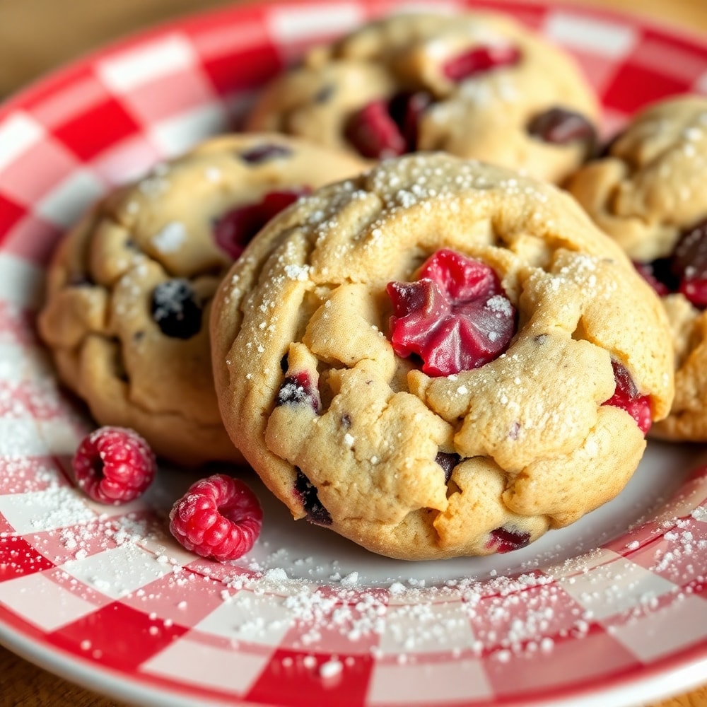 Raspberry Chocolate Chip Cookies on a red and white plate
