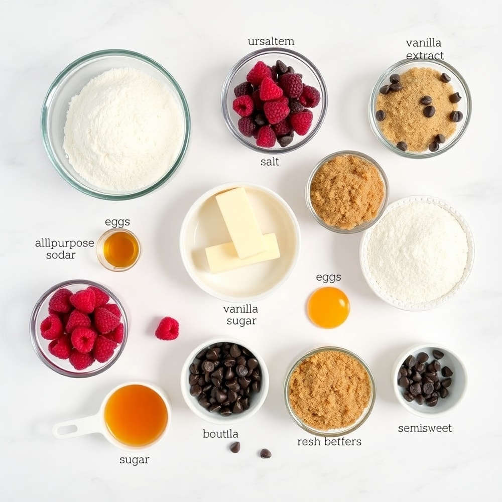 Raspberry Chocolate Chip Cookies ingredients on a white marble surface