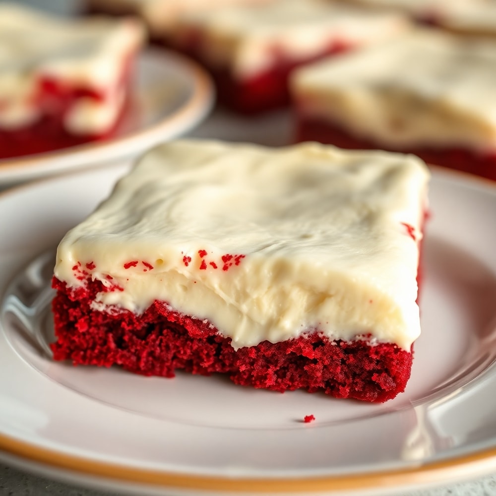 Plated red velvet cookie bar with cream cheese frosting