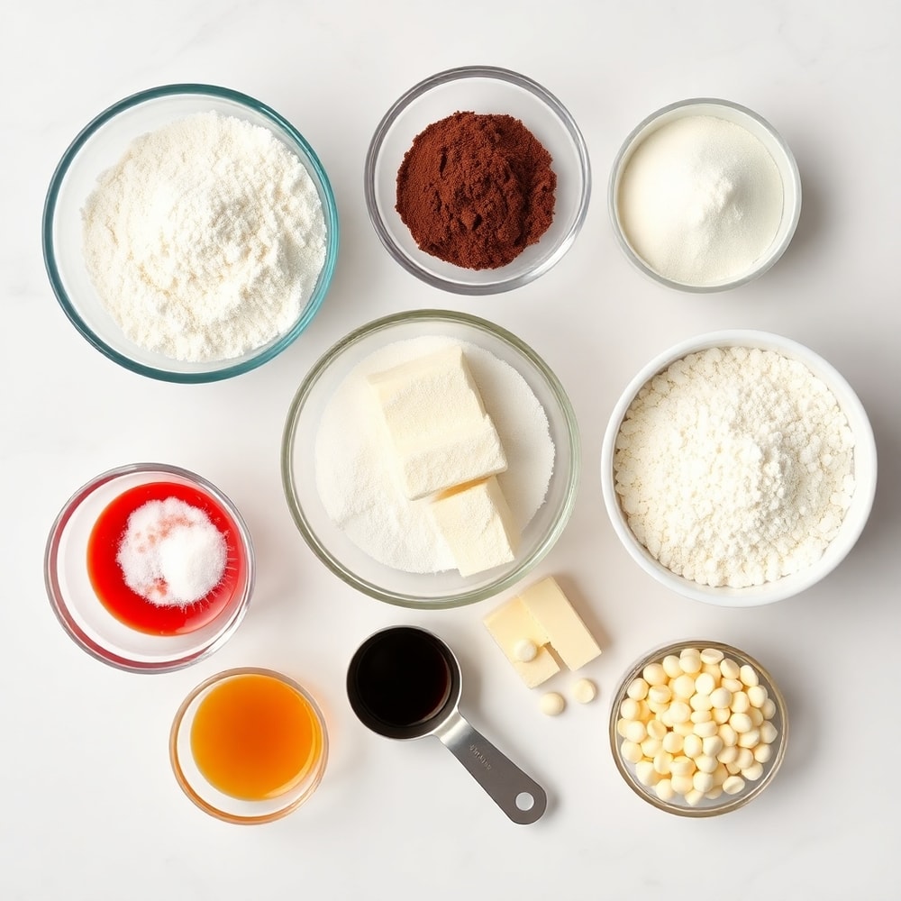 Raw ingredients for red velvet cookie bars