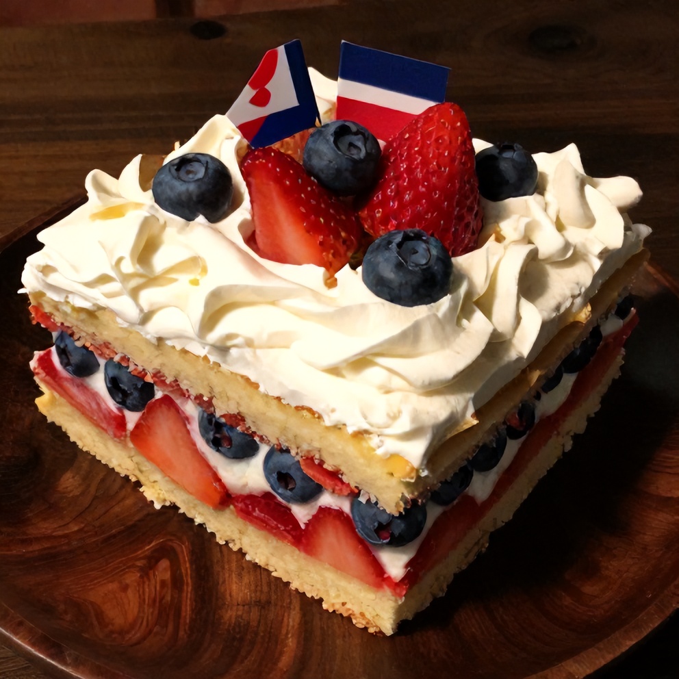 Plated serving of red, white, and blue poke cake