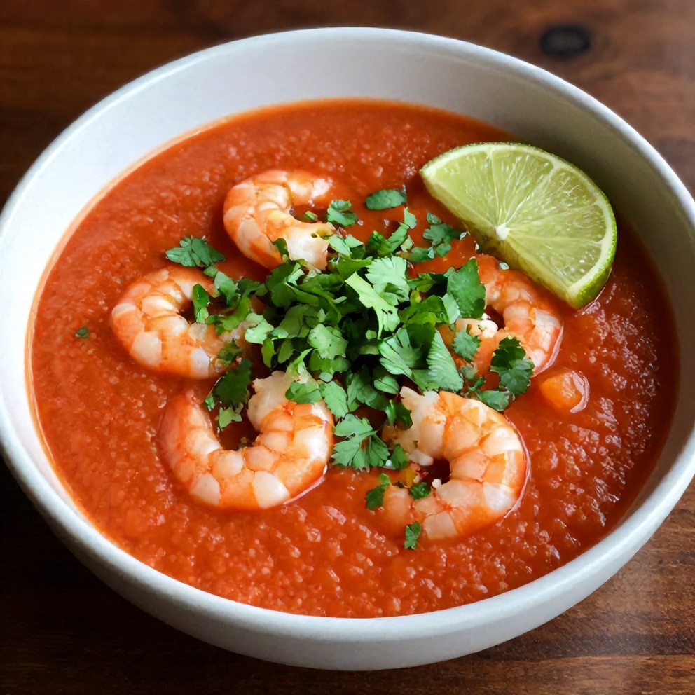Plated summer gazpacho with shrimp and chopped cilantro