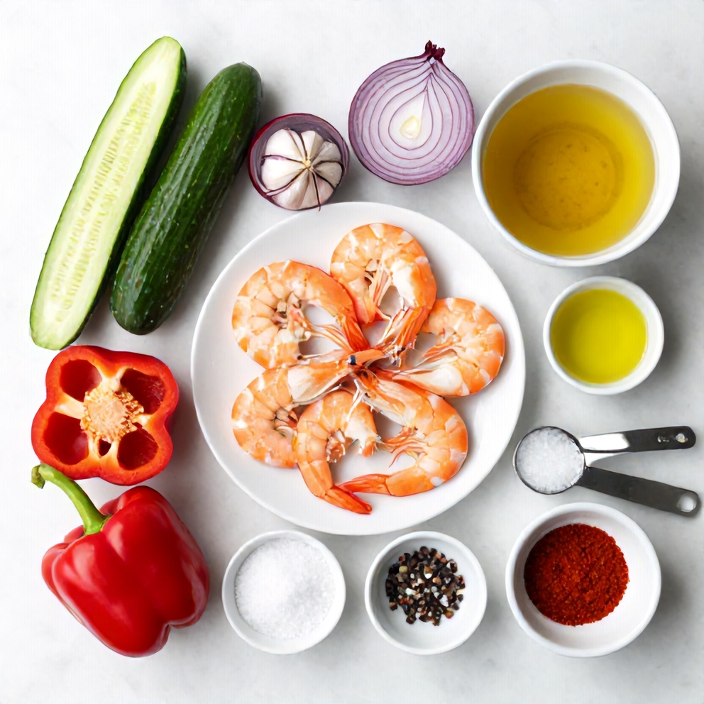 Raw ingredients for summer gazpacho with shrimp on a wooden surface
