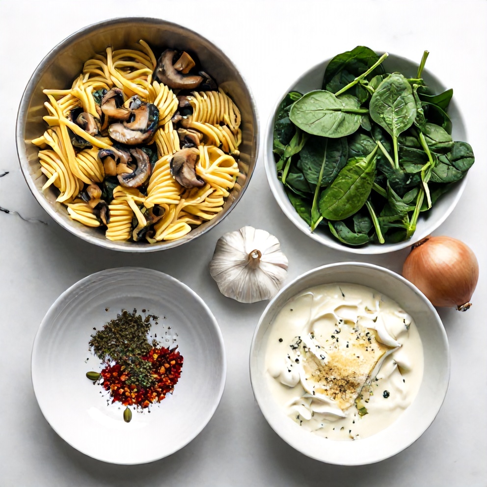 Raw Ingredients for Savory Parmesan Spinach Mushroom Pasta Skillet