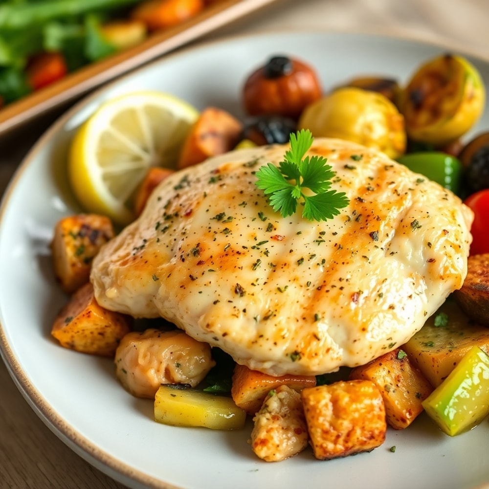 Plated Sheet Pan Lemon Herb Chicken and Vegetables