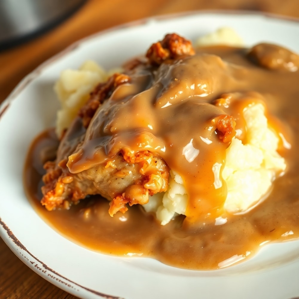 Plated serving of Slow Cooker Chicken and Gravy with crispy chicken, mashed potatoes, and creamy gravy