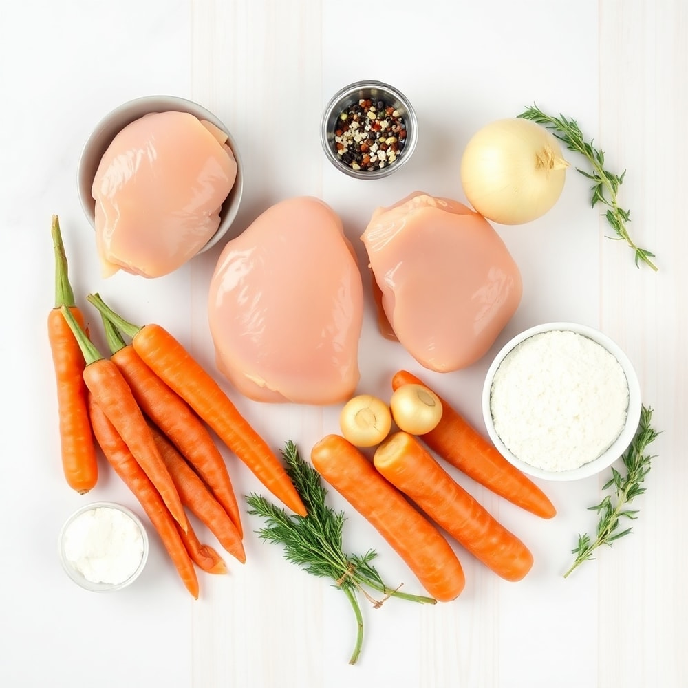Raw ingredients for Slow Cooker Chicken and Gravy including chicken breasts, potatoes, carrots, and seasonings