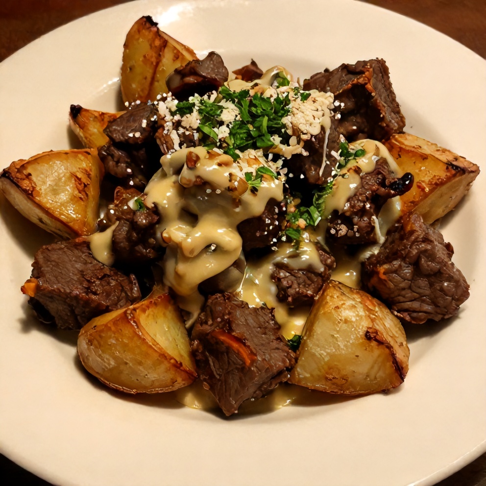Plated Garlic Butter Beef Bites with Potatoes