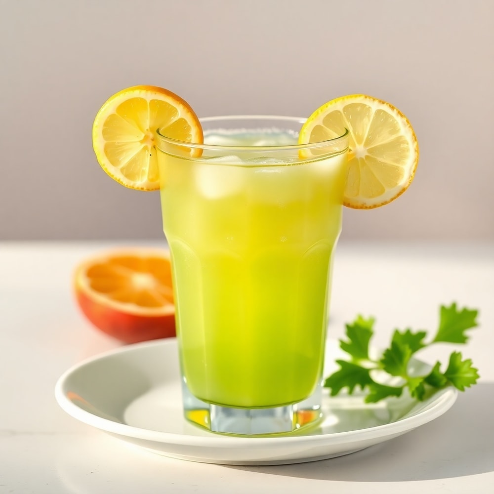 Glass of green celery apple juice with a lemon slice garnish