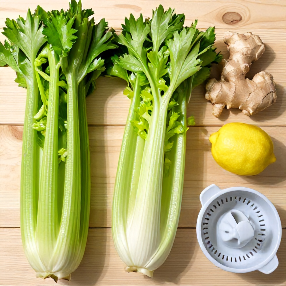 Celery, apples, lemon, ginger, and a juicer on a wooden surface