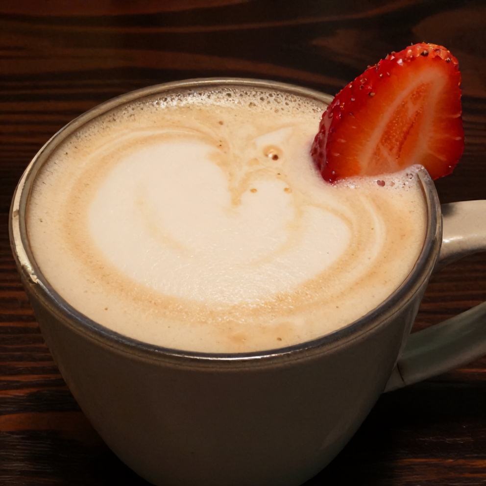 Strawberry Matcha Latte in a mug with a strawberry slice on the rim