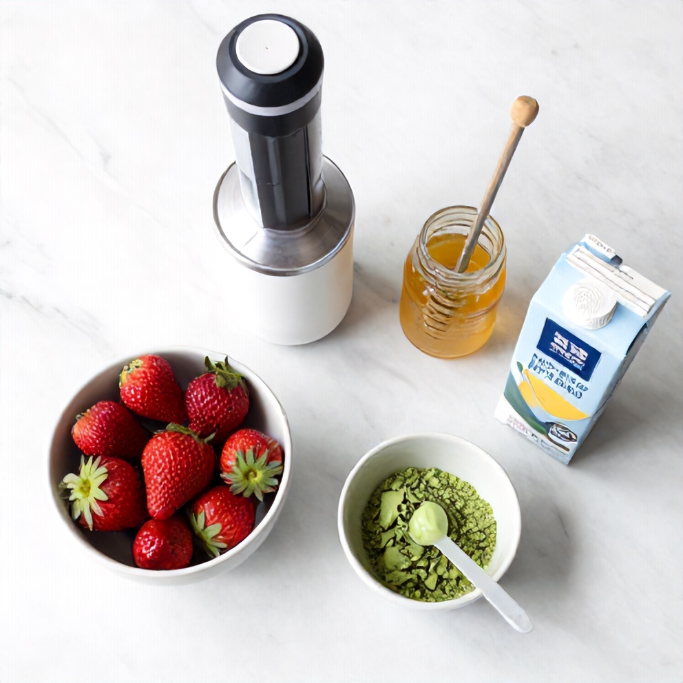 Strawberries, matcha powder, milk, honey, and a blender on a wooden surface