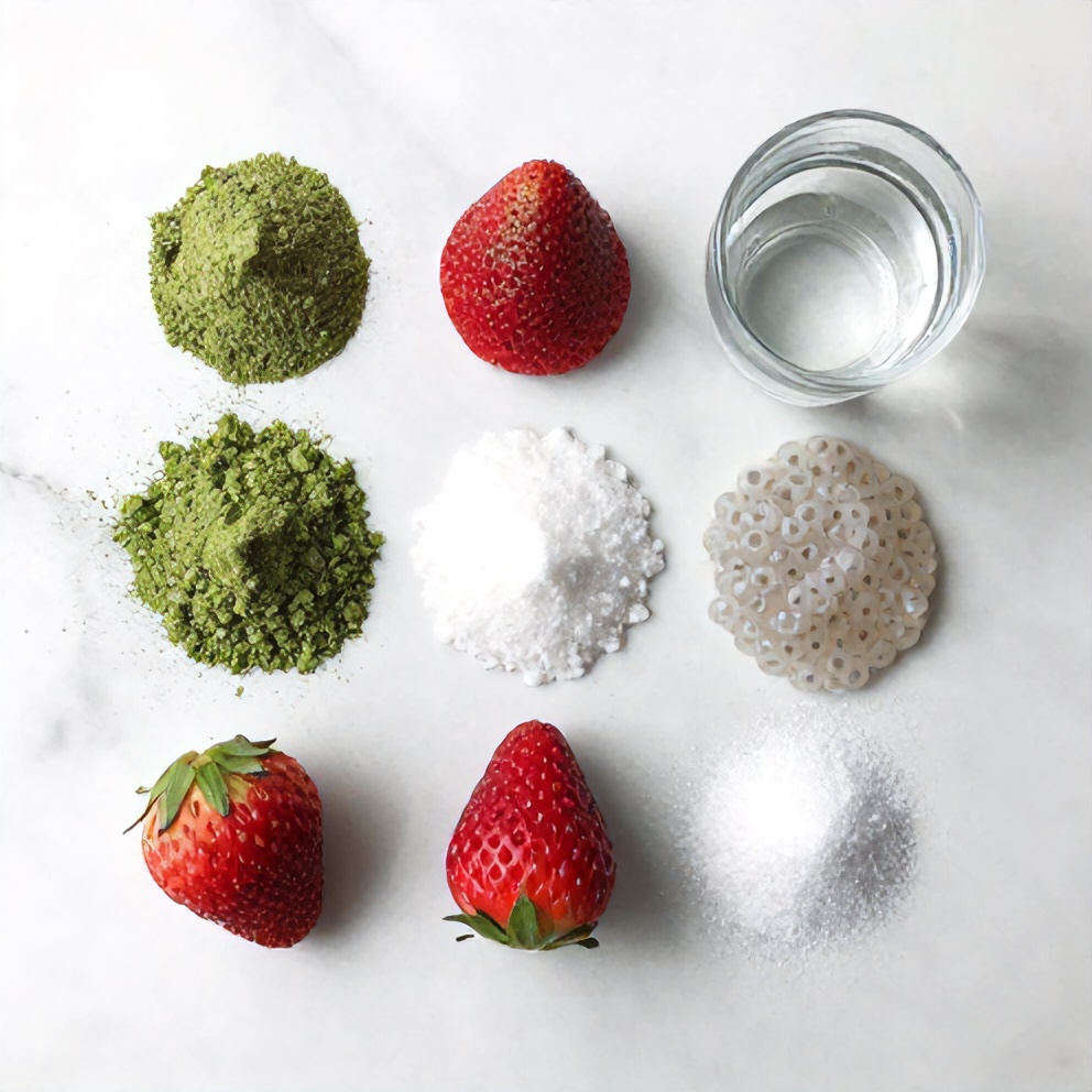 Raw ingredients for Strawberry Matcha Sago Dessert