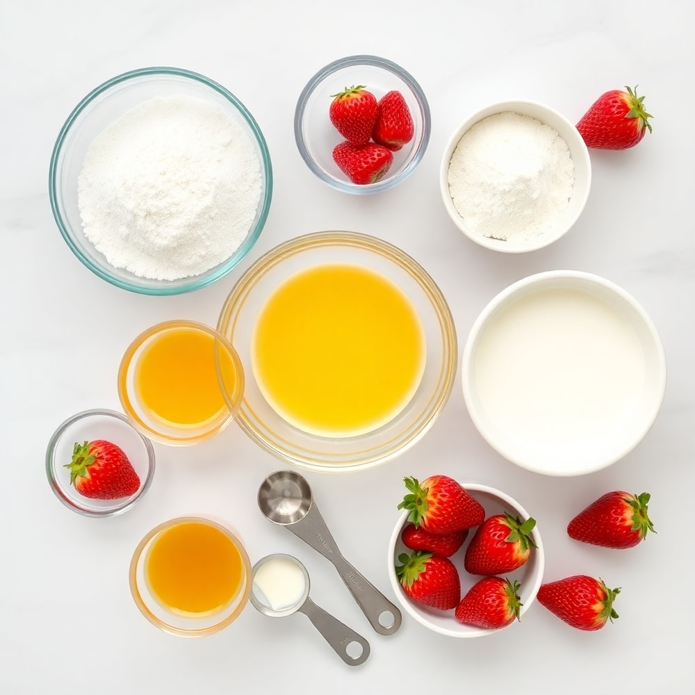 Raw ingredients for Strawberry Shortcake Muffins on a marble surface