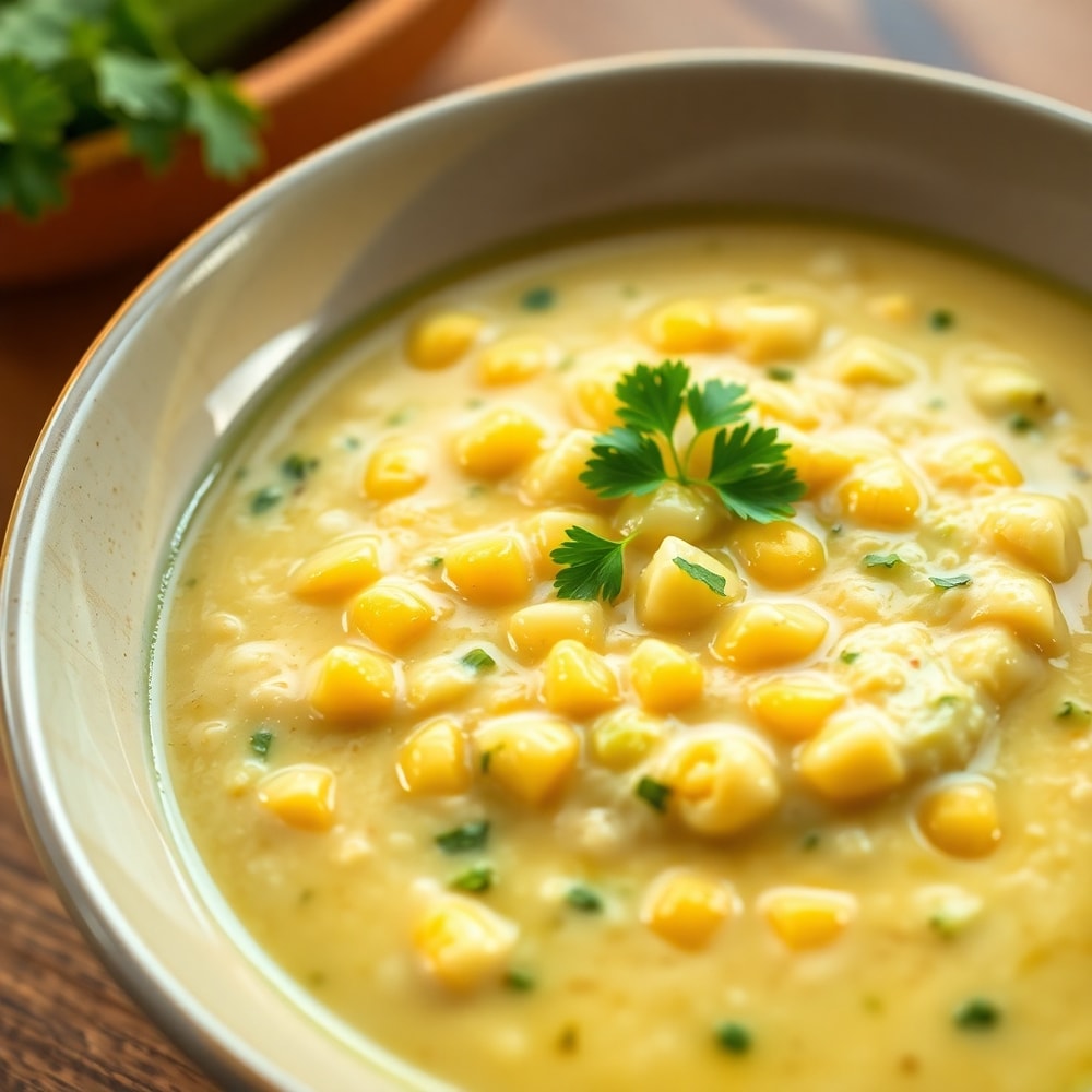 Bowl of summer corn and zucchini chowder with a sprinkle of fresh herbs