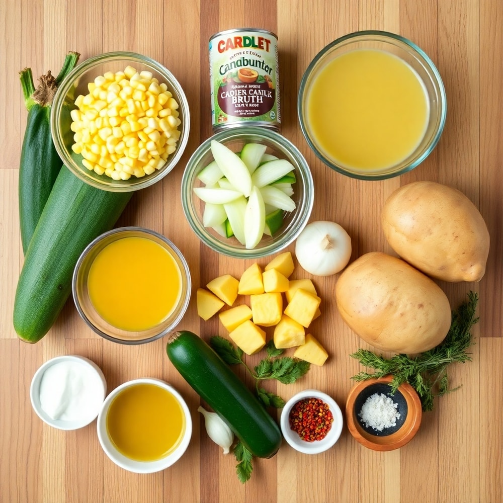 Raw ingredients for summer corn and zucchini chowder on a wooden surface