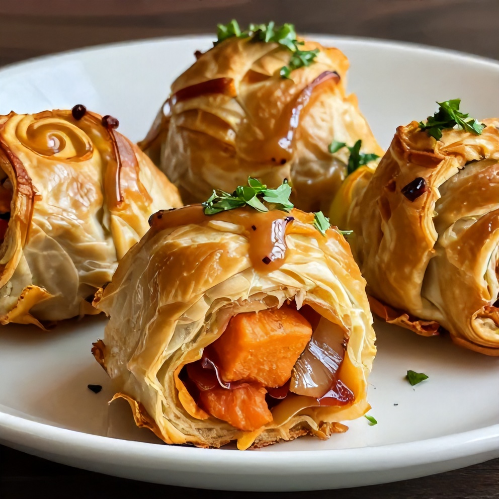 Sweet Potato & Caramelised Onion Rolls plated with a sprinkle of parsley