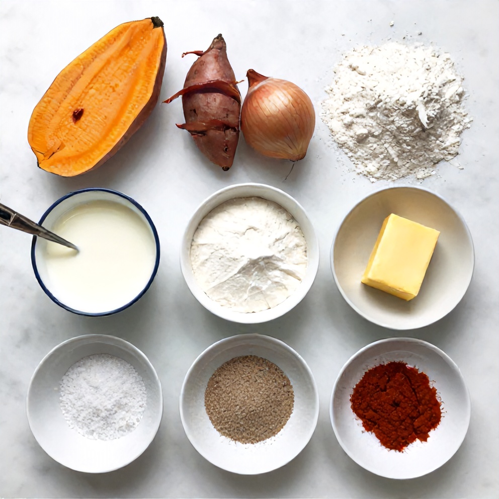 Raw ingredients for Sweet Potato & Caramelised Onion Rolls on a marble surface