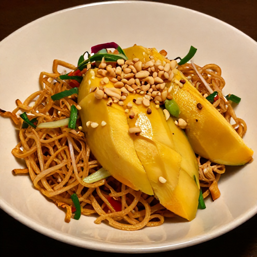 Thai Mango Salad plated with crispy noodles, juicy mango, and fresh herbs