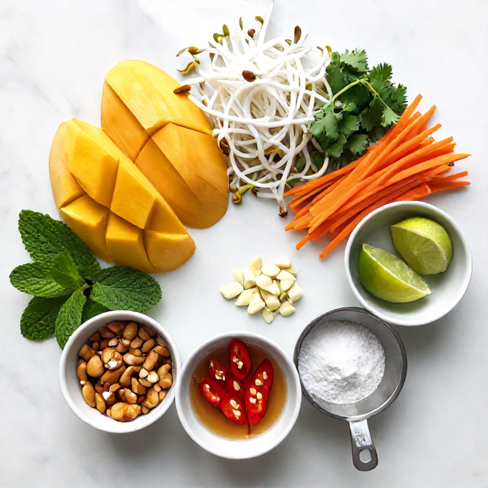 Thai Mango Salad ingredients: mango, noodles, beans, carrots, garlic, chilies, and dressing