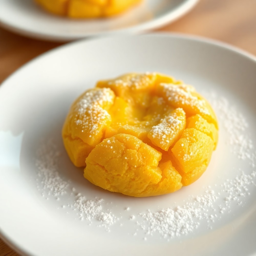 Plated tropical mango cookie with a sprinkle of powdered sugar