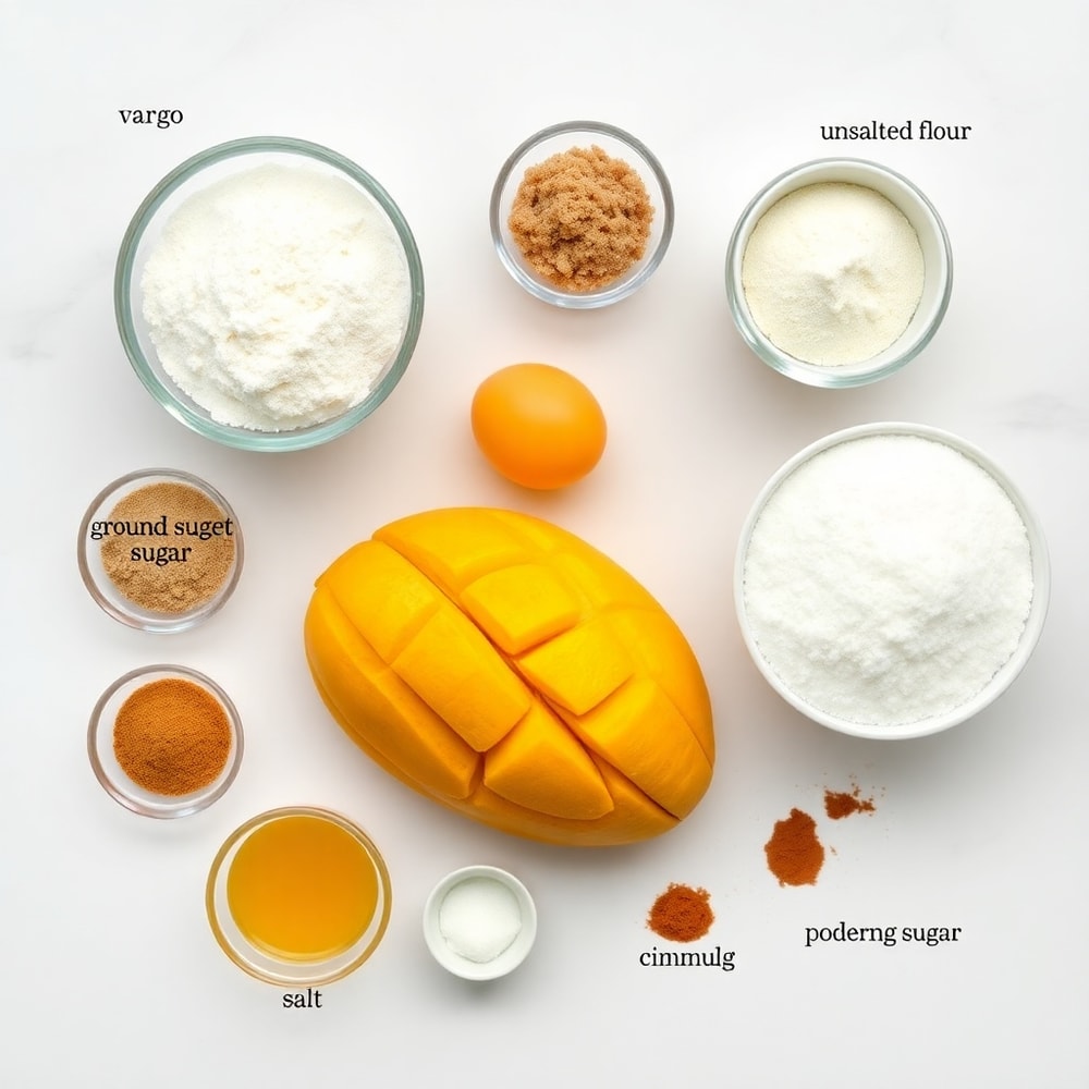 Raw ingredients for tropical mango cookies on a marble surface