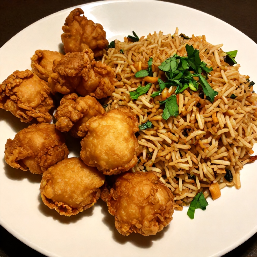 Plated Vegan Fried Tofu with a side of crispy fried rice