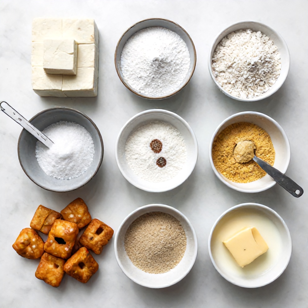Raw ingredients for Vegan Fried Tofu arranged on a white marble surface