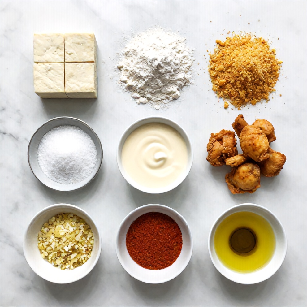 Raw ingredients for vegan fried chicken with tofu