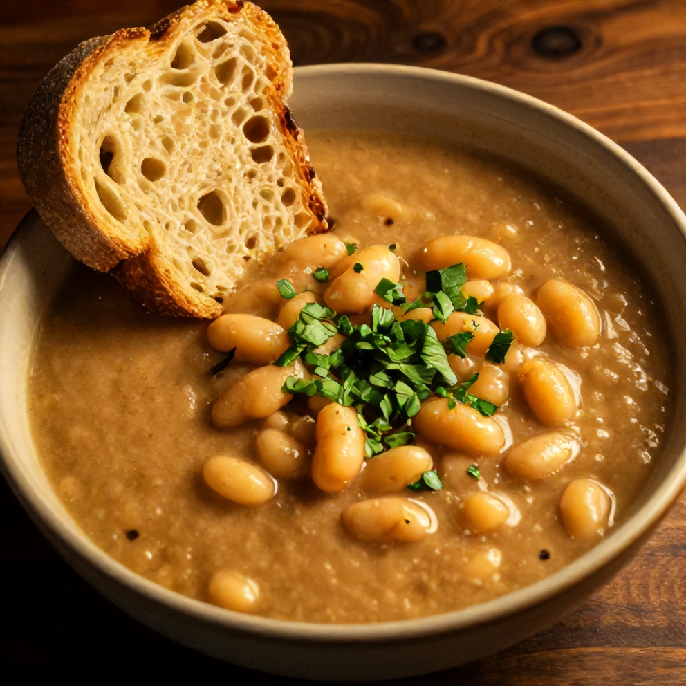 Bowl of Vegan White Bean Soup with a sprinkle of parsley