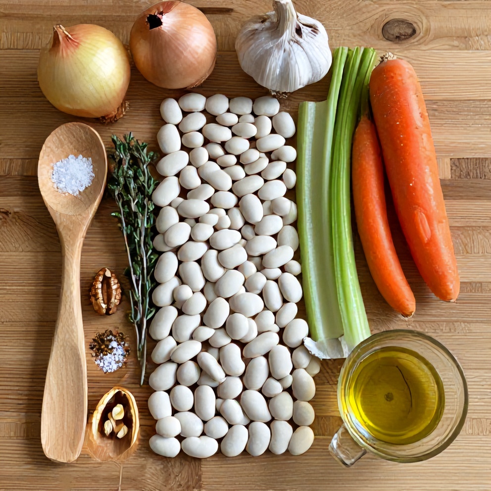 Ingredients for Vegan White Bean Soup on a wooden surface