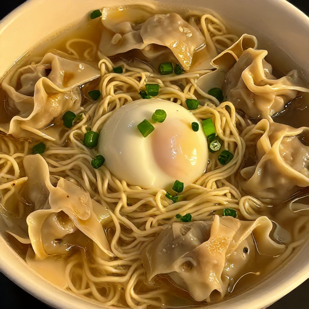 Plated Wonton Noodle Soup with green onions