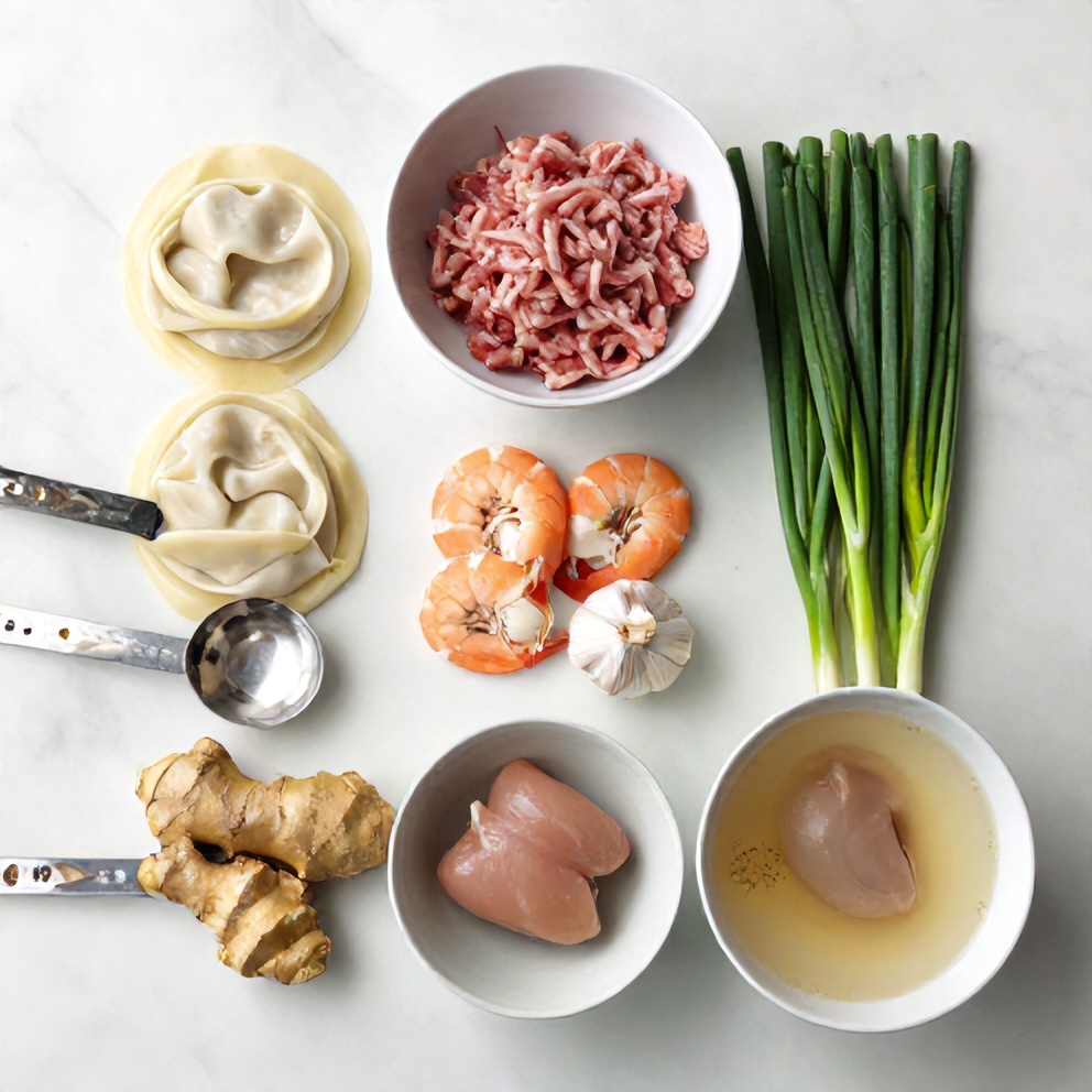 Raw ingredients for Wonton Noodle Soup